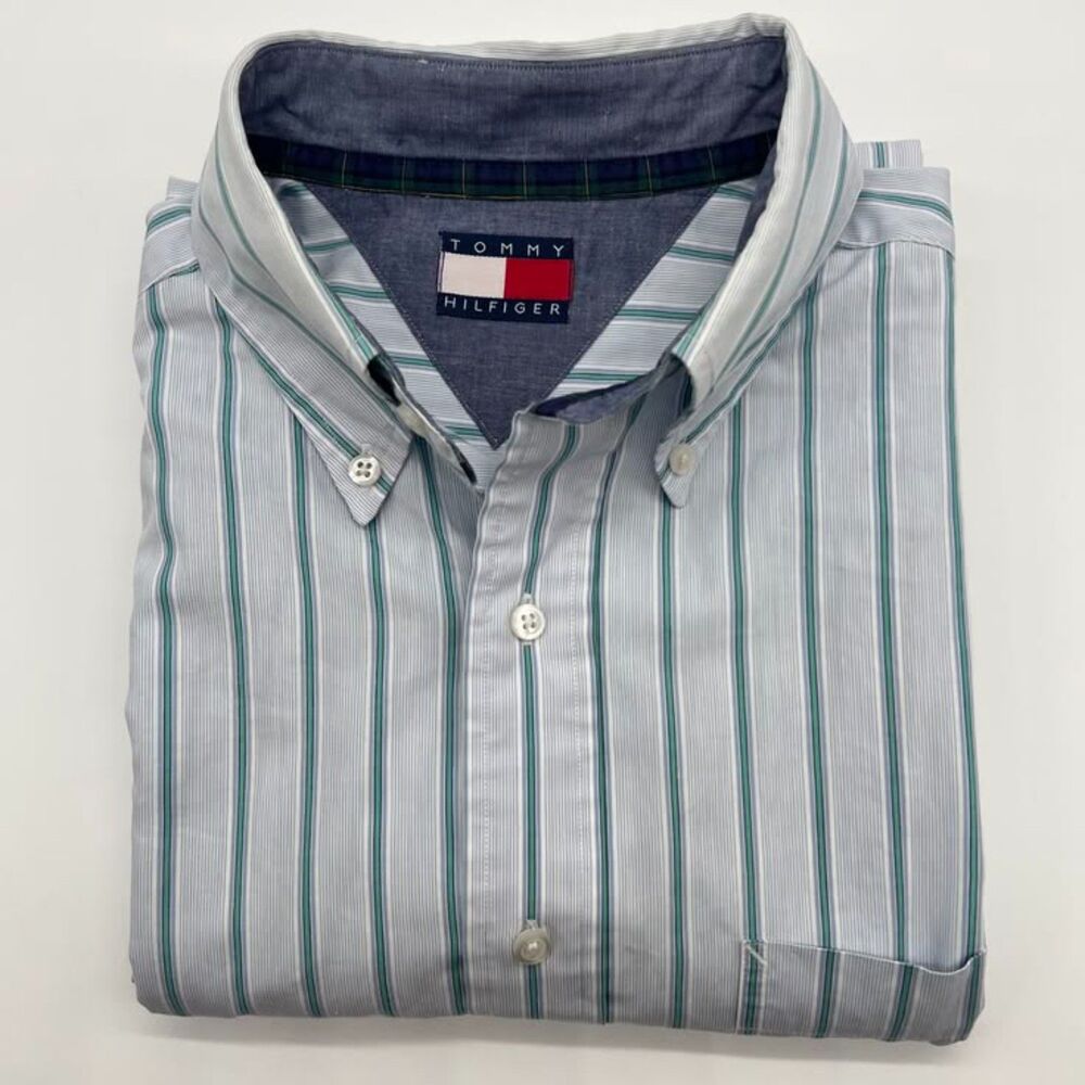VTG Tommy Hilfiger Blue Green Striped Cotton Button-Down Long Sleeve Shirt Large